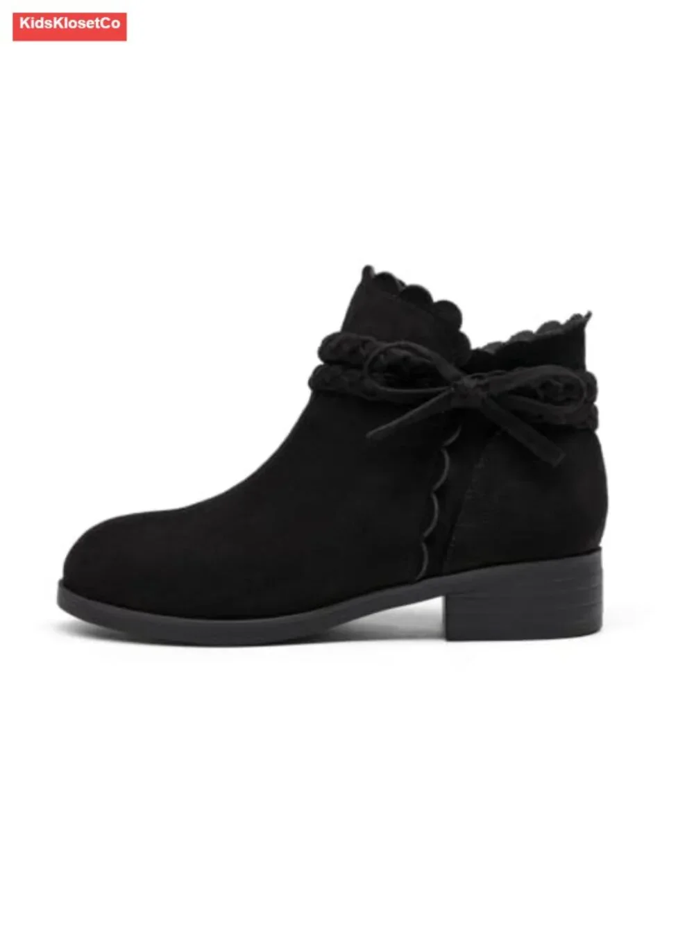Girls Bow Ankle Boots Low Heel Zip Booties Faux Suede Braided Strap